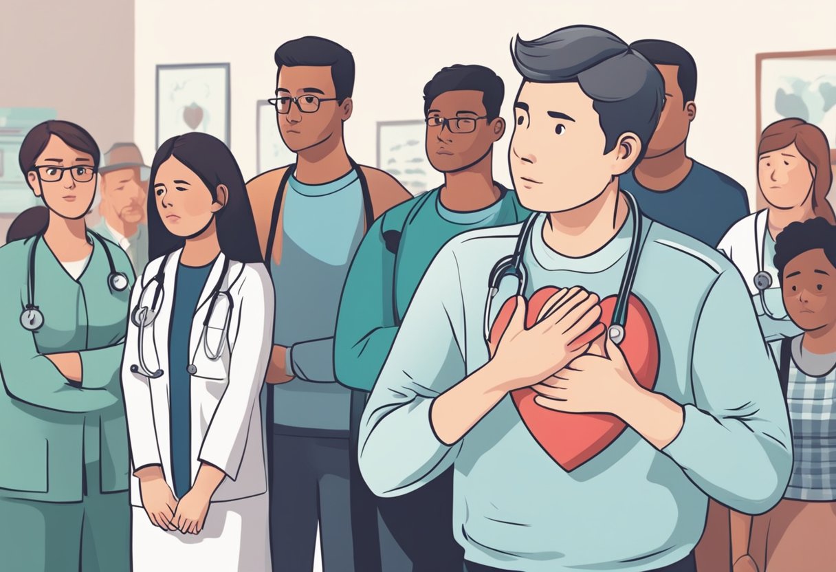 A young person clutching their chest in pain, surrounded by concerned onlookers. A medical professional nearby, explaining the possibility of a heart attack in young individuals