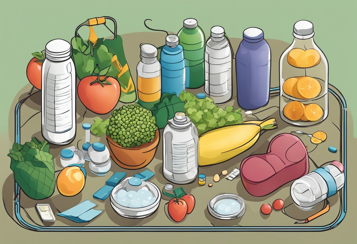 A table with healthy foods, exercise equipment, and medication bottles. A heart with a crack running through it
