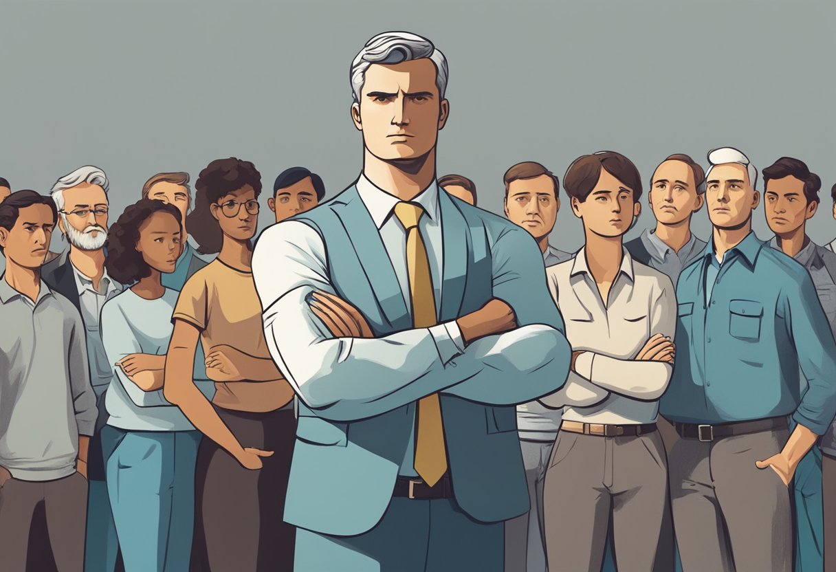 A figure stands firm, arms crossed, facing a group of people with opposing views. The scene is tense, with a clear divide between the two ideologies
