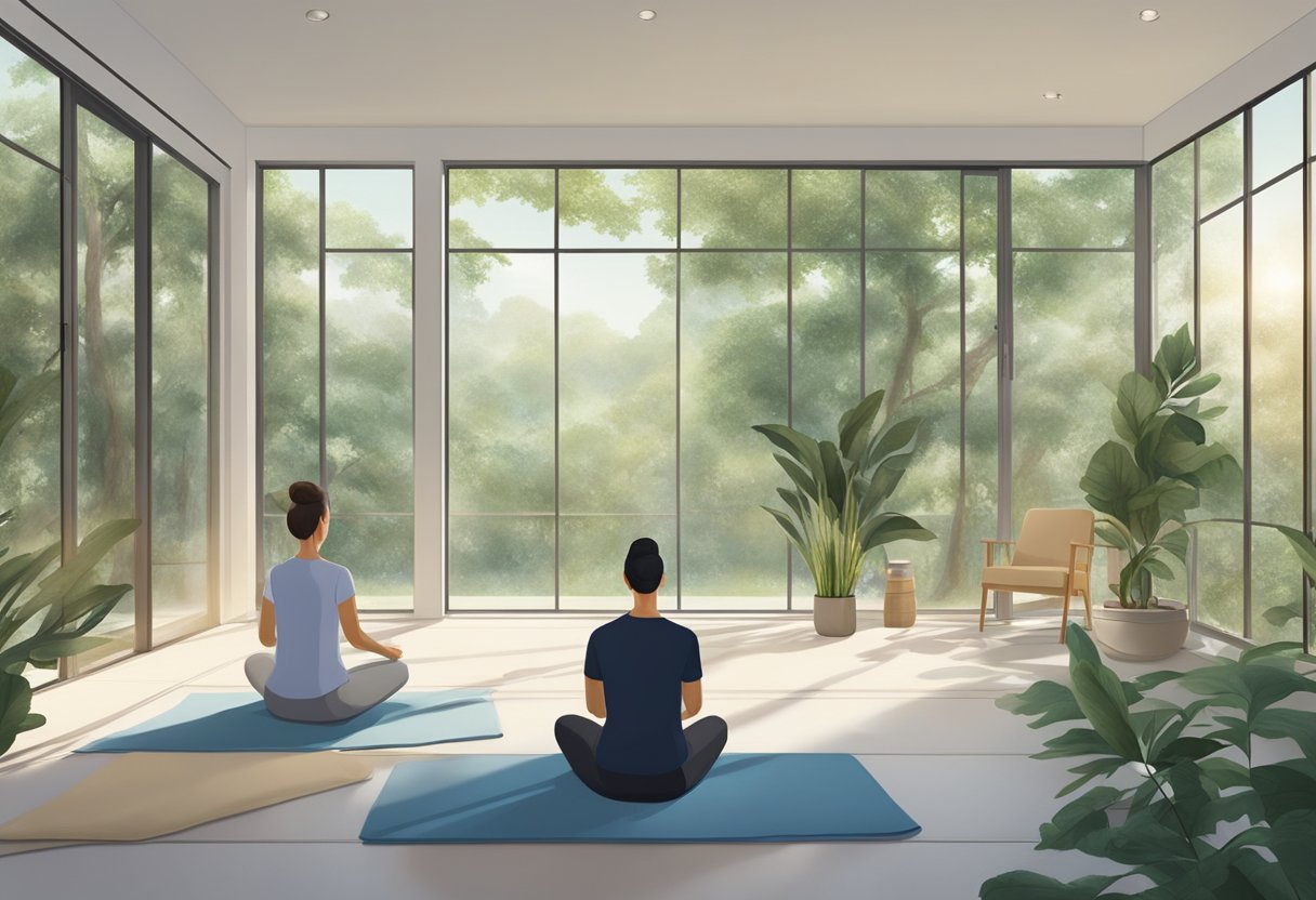 A serene setting with deep breathing exercises being performed to calm nerves and slow heart rate
