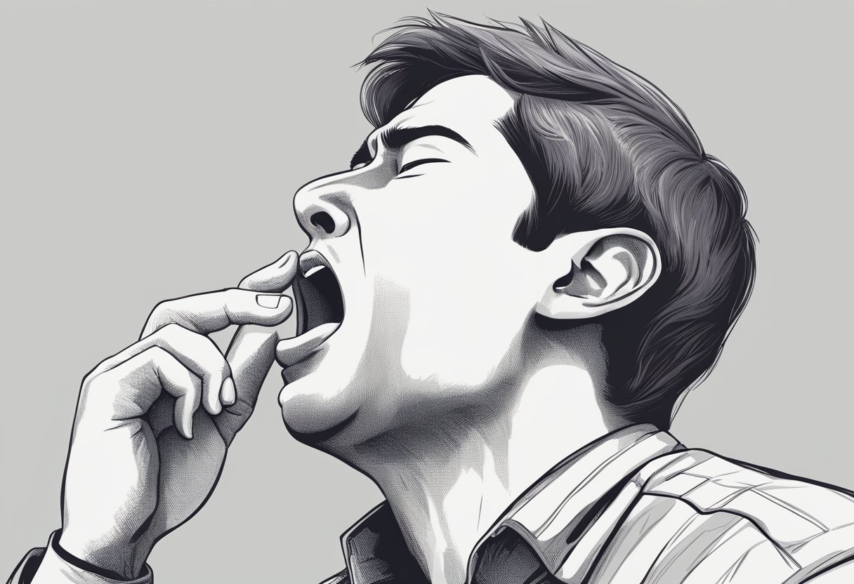 A person is yawning excessively, looking tired and uncomfortable. They may be holding their chest or showing signs of distress