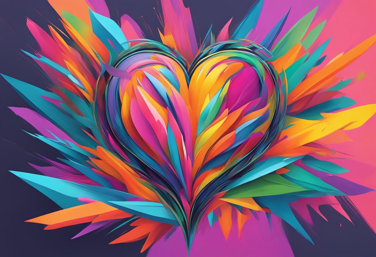 Vibrant colors and bold brushstrokes depict a stoic, unyielding heart surrounded by sharp, jagged edges