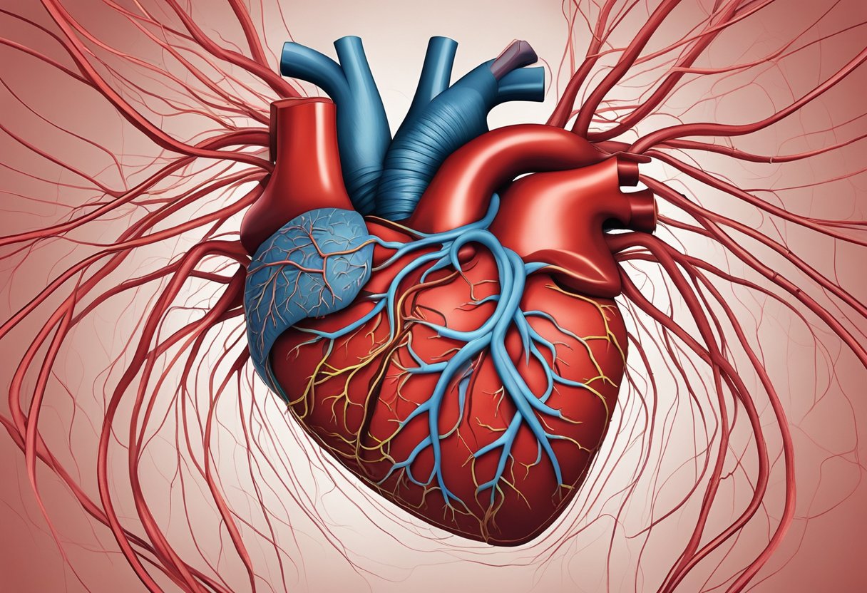 A red, pulsing heart surrounded by tangled, clogged arteries