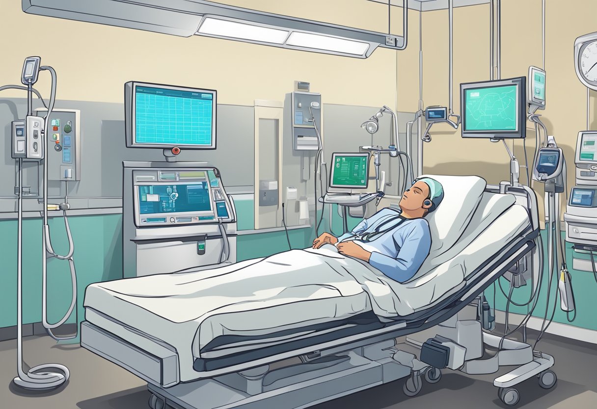 A person lying in a hospital bed with medical equipment and monitors surrounding them, while a healthcare professional provides assistance for heart failure
