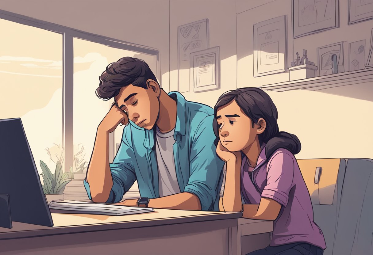 A worried teenager sitting at a desk, holding their chest in discomfort, with a concerned parent looking on