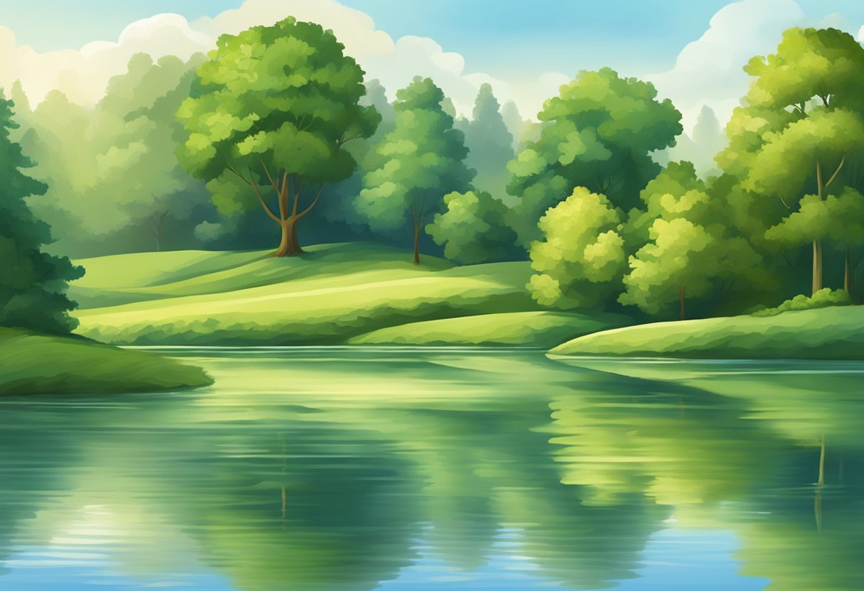 A peaceful scene with a calm, serene setting, such as a tranquil lake surrounded by lush greenery, with gentle ripples on the water's surface