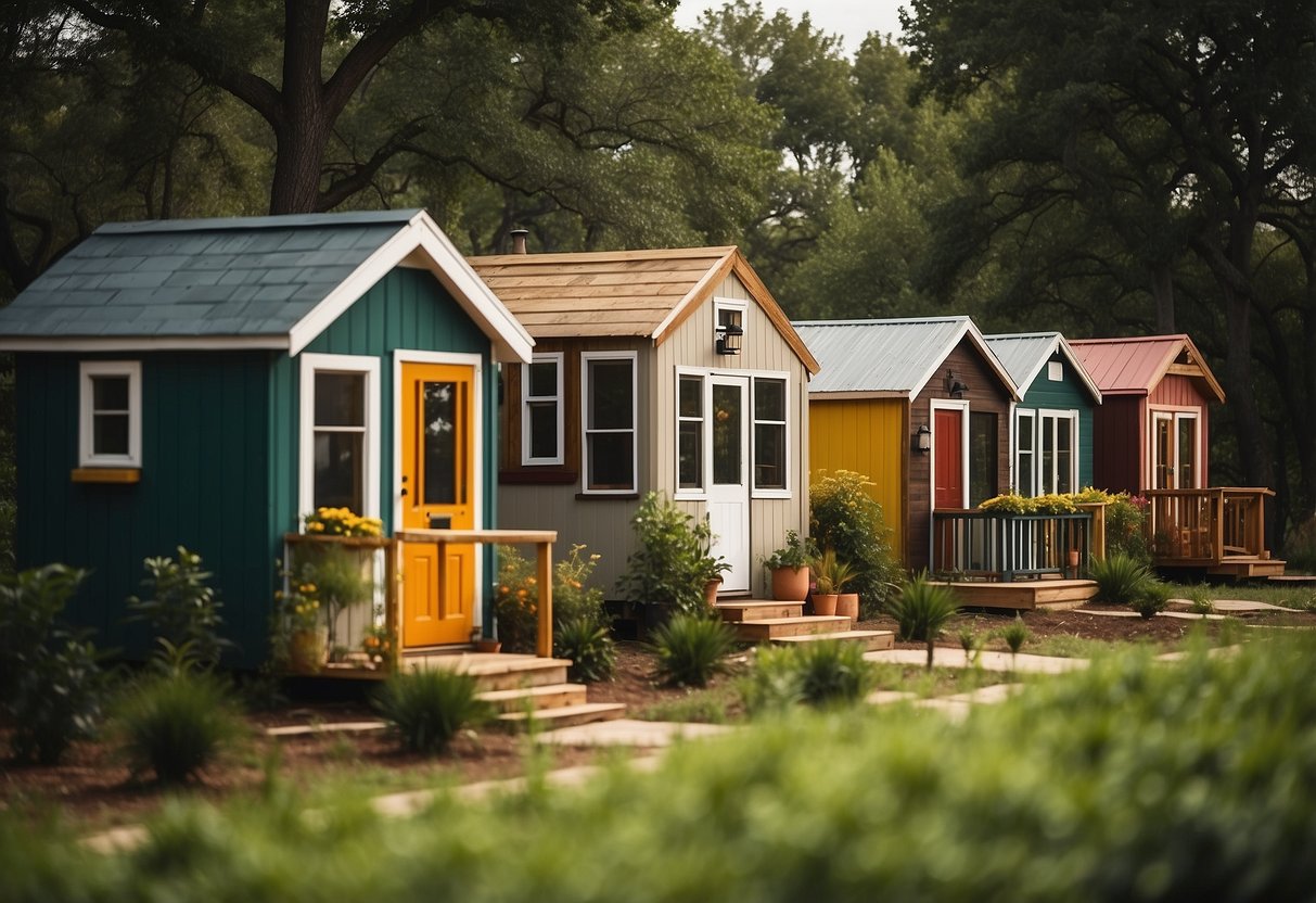 A cluster of tiny homes nestled among the trees in Willis, Texas. Each home is uniquely designed with colorful exteriors and surrounded by lush greenery