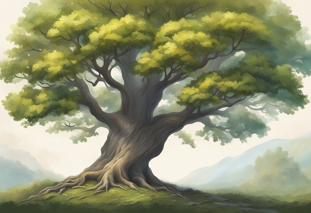 A sturdy oak tree with a bold, unyielding trunk stands opposite a delicate bleeding heart flower, symbolizing strength and resilience