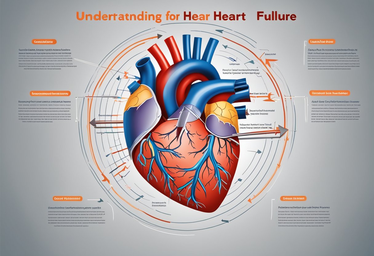 A heart-shaped diagram with arrows showing blood flow and text "Understanding Heart Failure" for educational purposes
