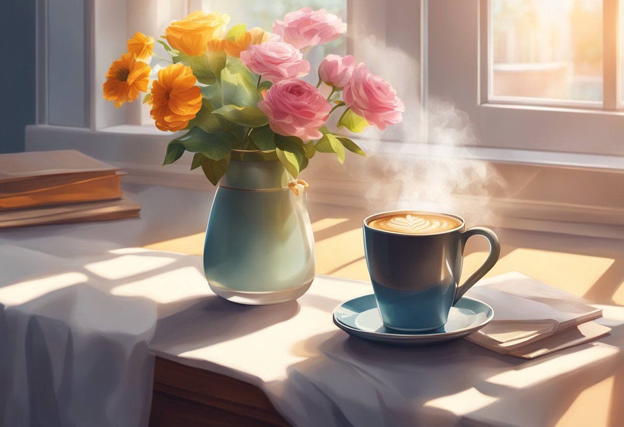 A steaming cup of coffee sits on a bedside table, next to a bouquet of flowers. The morning sunlight streams through the window, casting a warm glow on the scene