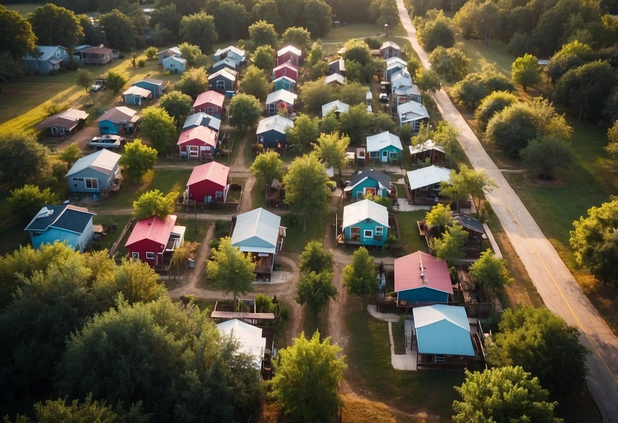 Aerial view of Willis Tiny Home Communities in Willis, Texas. Rows of colorful tiny homes surrounded by trees and greenery