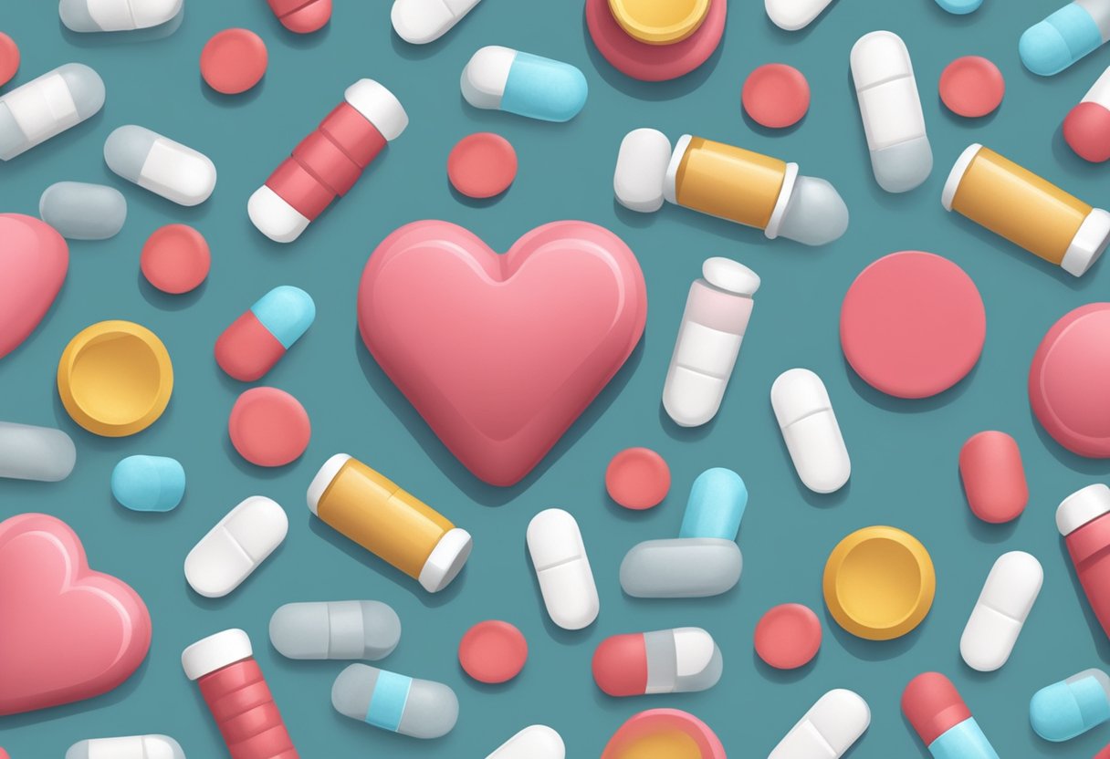 A heart-shaped organ surrounded by warfarin pills and medical equipment