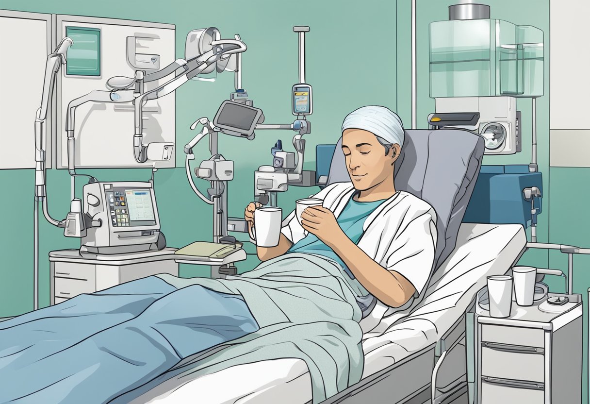 A patient in a hospital bed, surrounded by medical equipment, sipping on a cup of coffee post-heart surgery