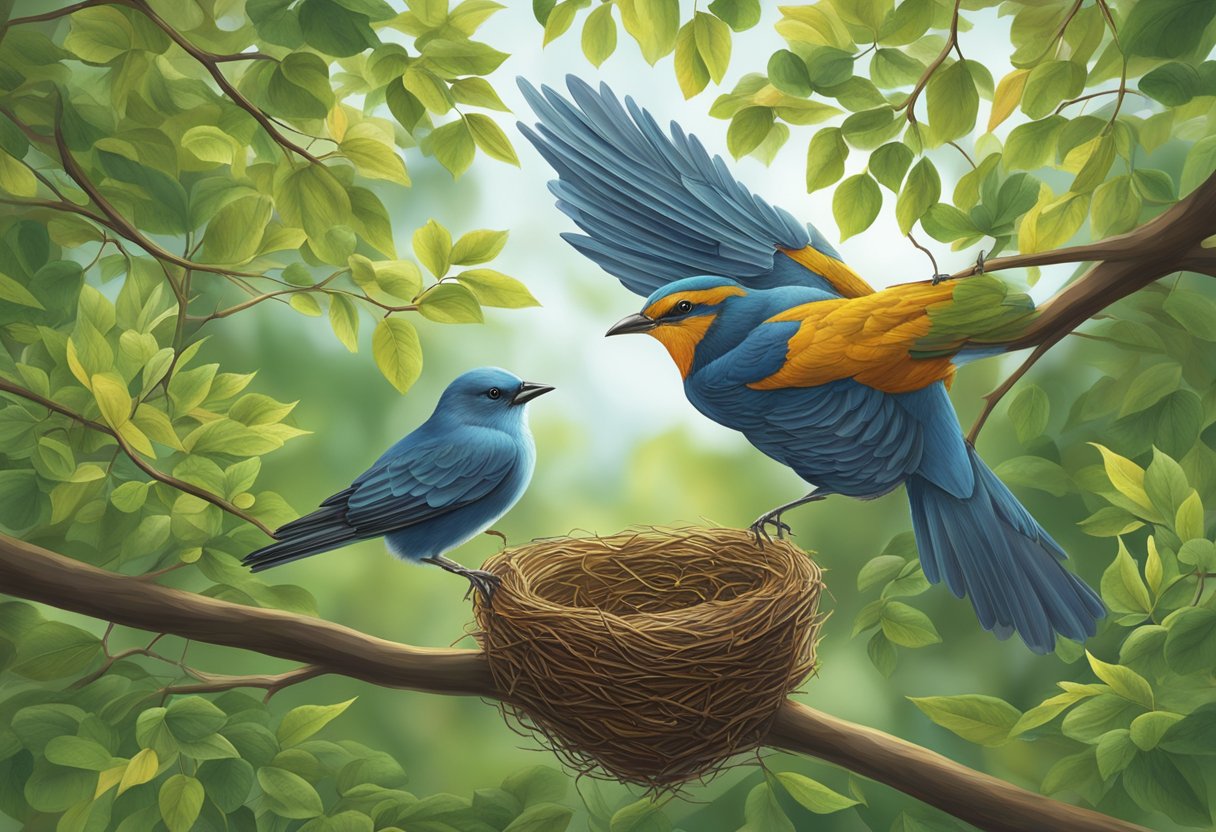 A pygeum tree's leaves flutter as its branches sway, while a bird's heart rate quickens in its nest nestled among the foliage