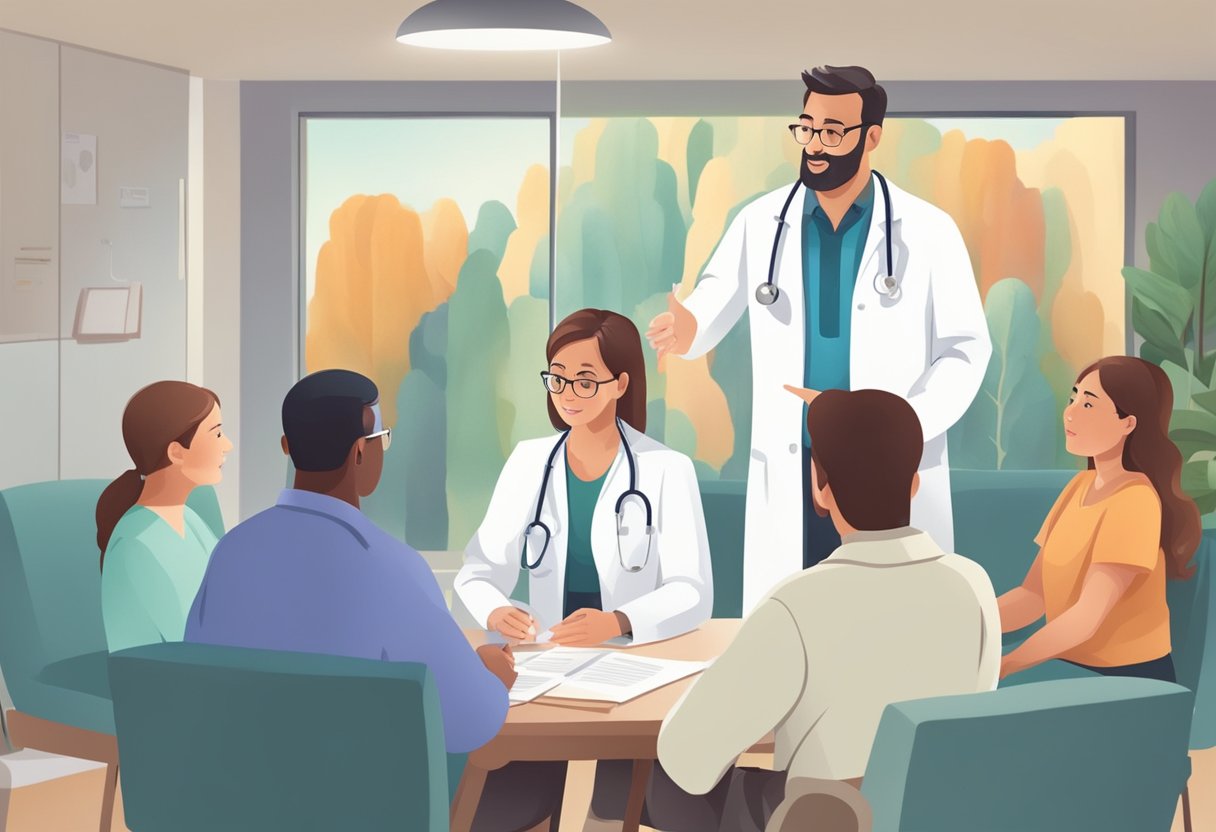 A doctor explaining heart failure treatment options to a patient's family