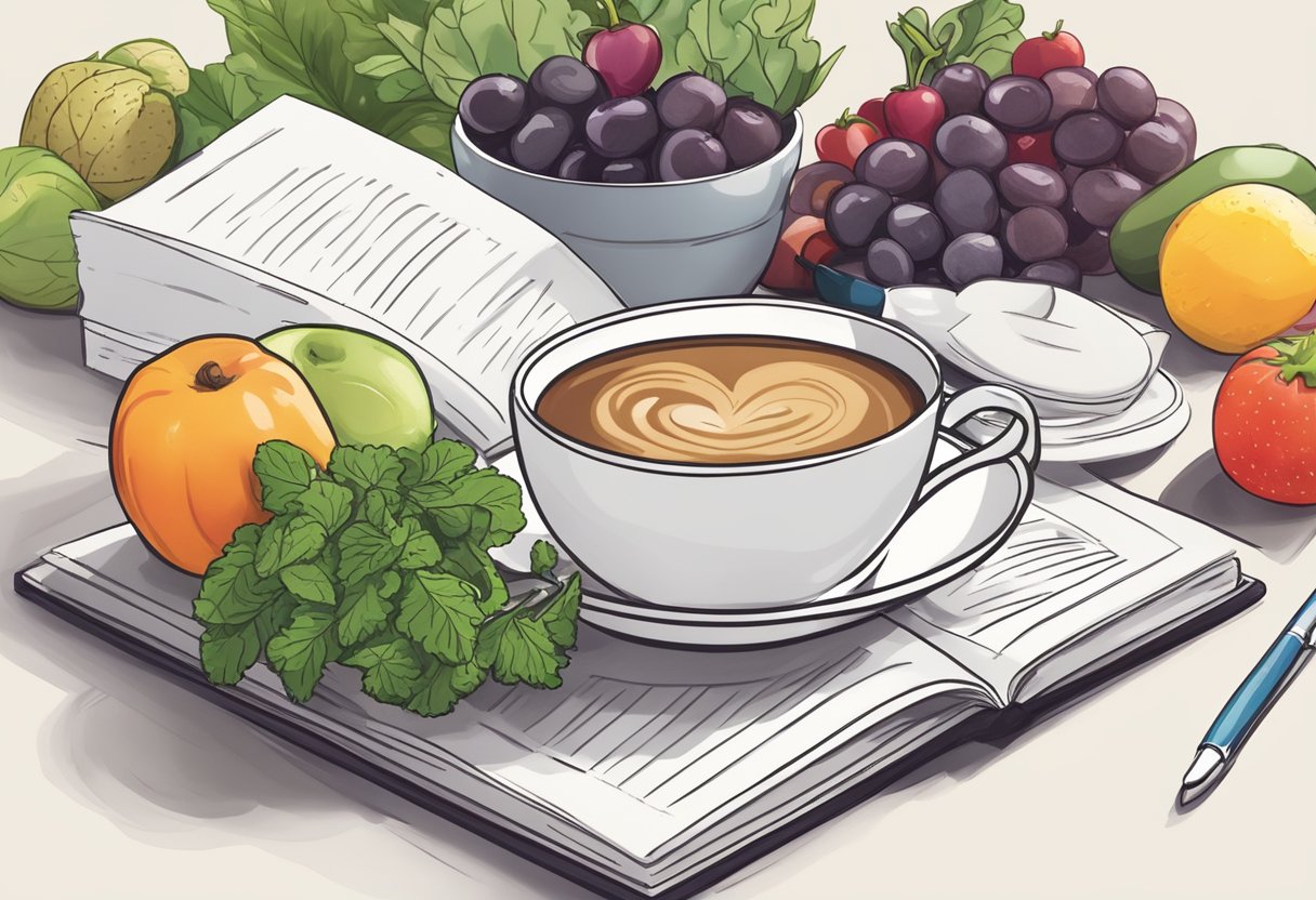 A cup of steaming coffee sits next to a plate of fresh fruits and vegetables, with a heart-healthy cookbook open in the background