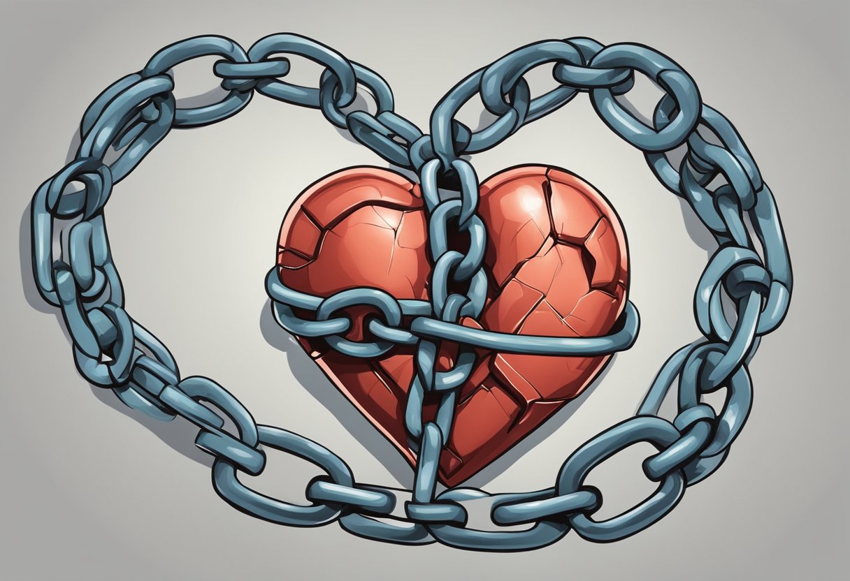 A heart with a broken chain wrapped around it, symbolizing heart failure and the need for warfarin treatment