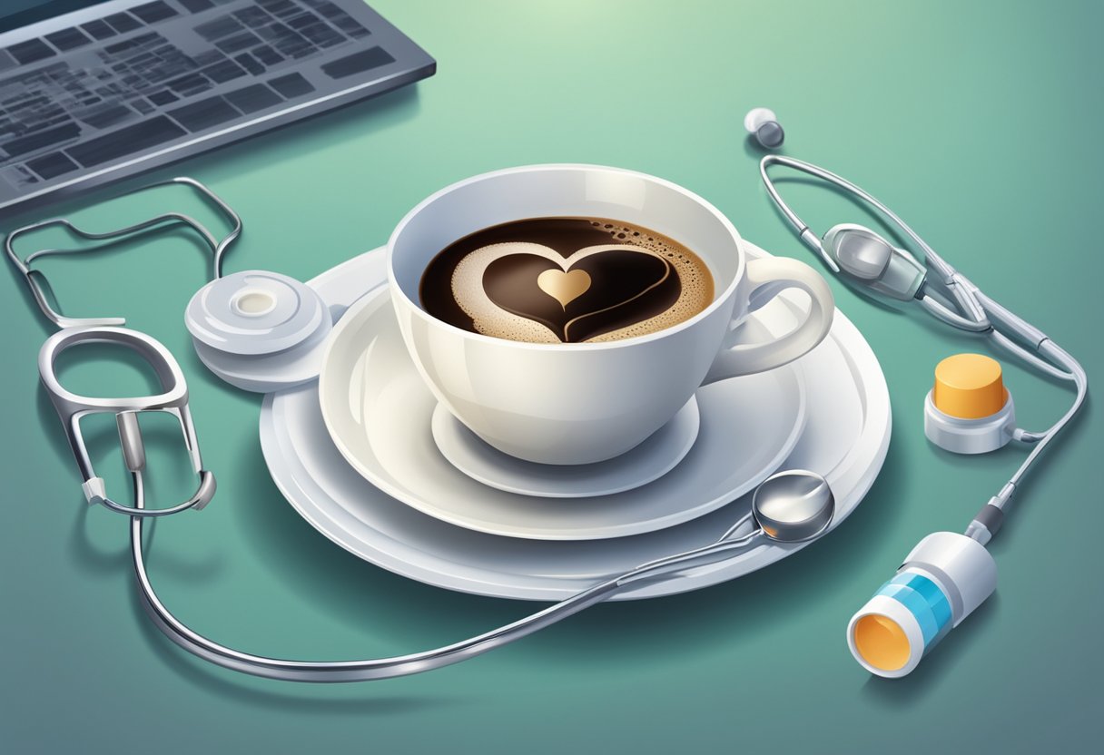 A coffee cup with a heart symbol on the saucer, surrounded by medical equipment and a hospital bed