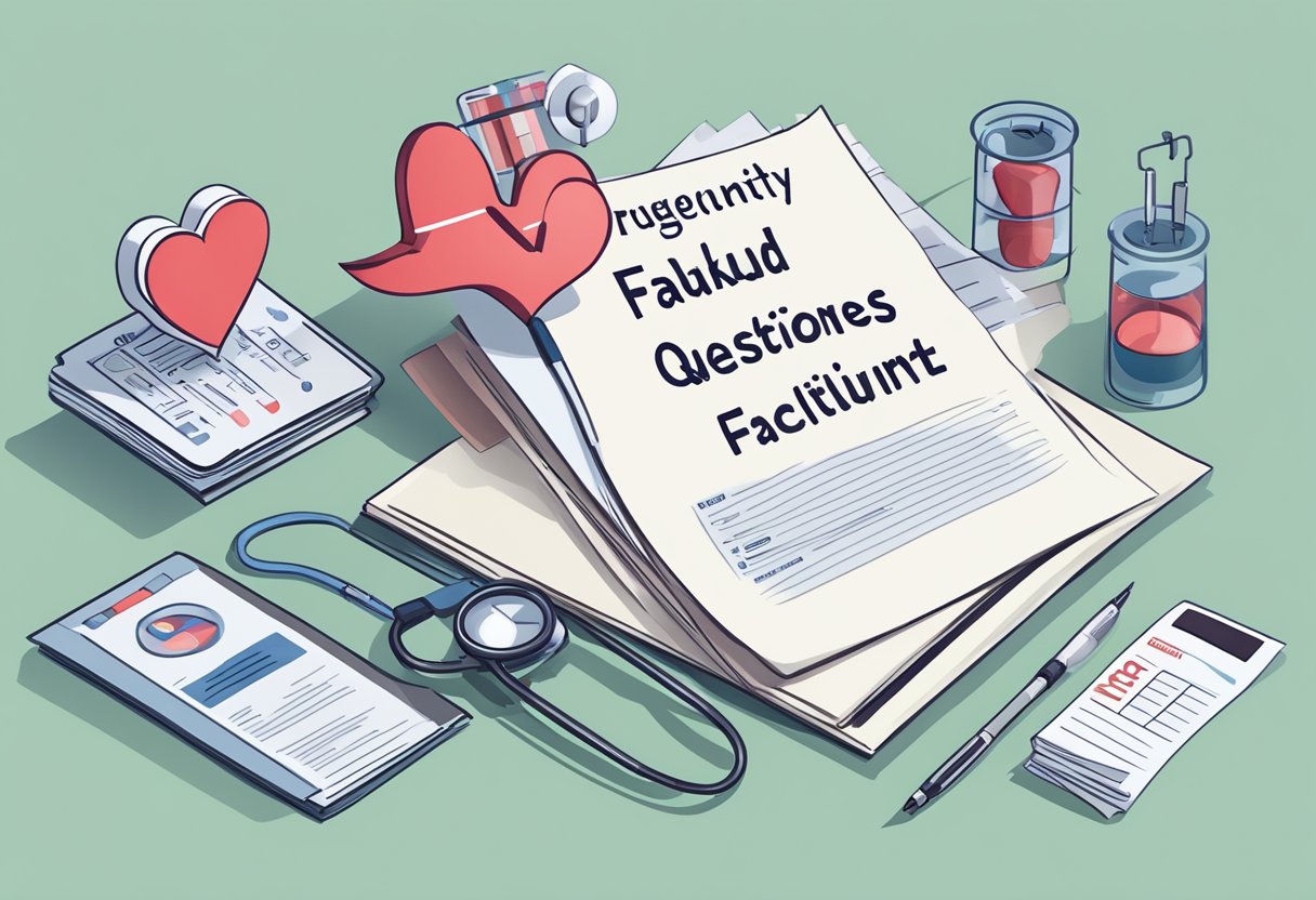 A stack of paper with "Frequently Asked Questions" on heart failure, surrounded by medical equipment and a heart-shaped diagram