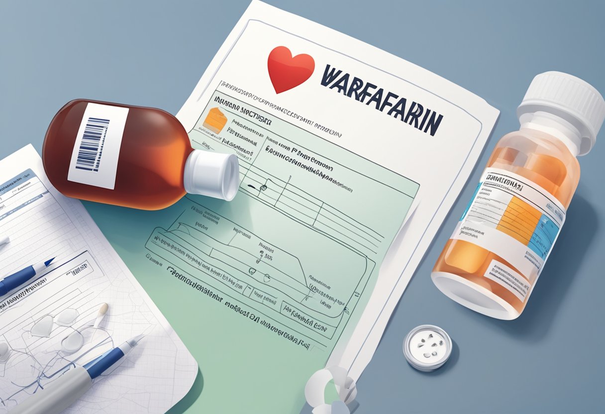 A bottle of warfarin sits next to a prescription for antithrombotic therapy, with a heart failure pamphlet nearby