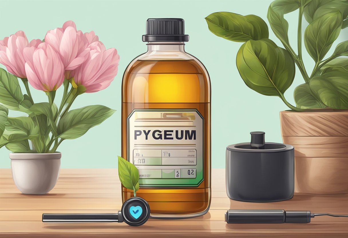 A bottle of pygeum extract with a heart rate monitor in the background