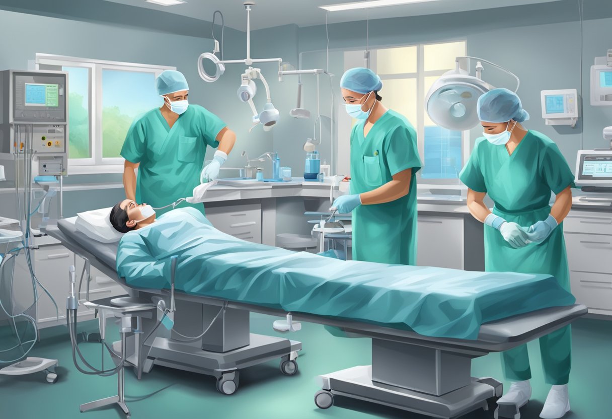Surgeons scrubbing in, sterile instruments laid out, patient on operating table, heart monitor beeping, anesthesia administered