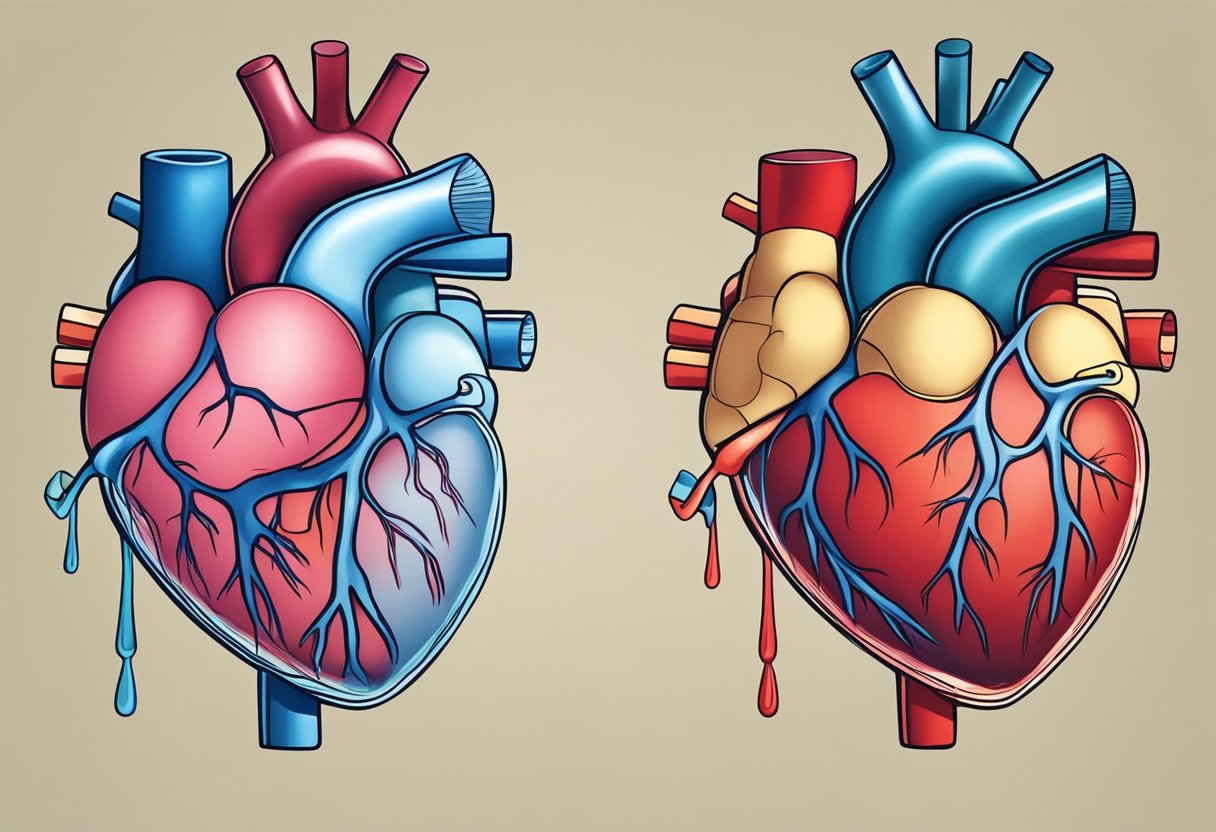 A heart struggling to pump blood with fluid buildup vs sudden blockage in a heart artery