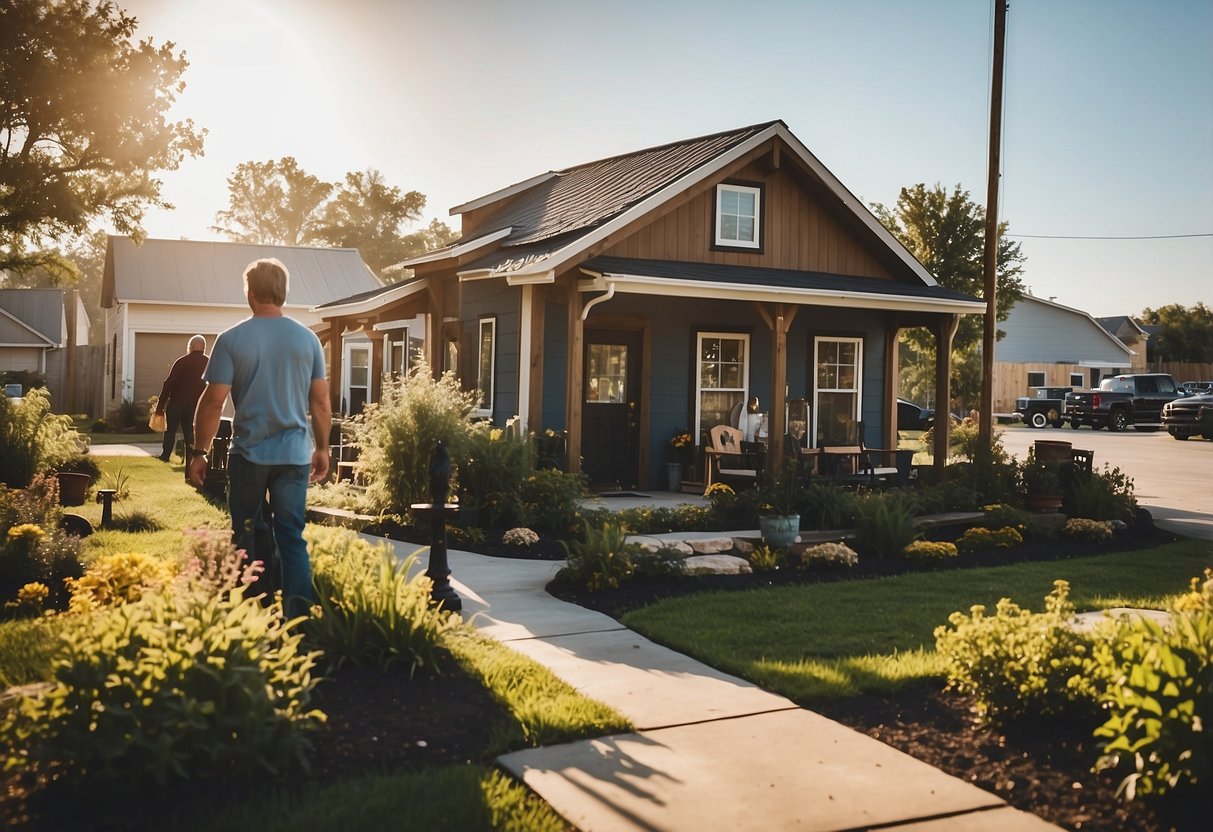 A bustling tiny home community in Willis, Texas, with residents chatting, walking dogs, and tending to their gardens