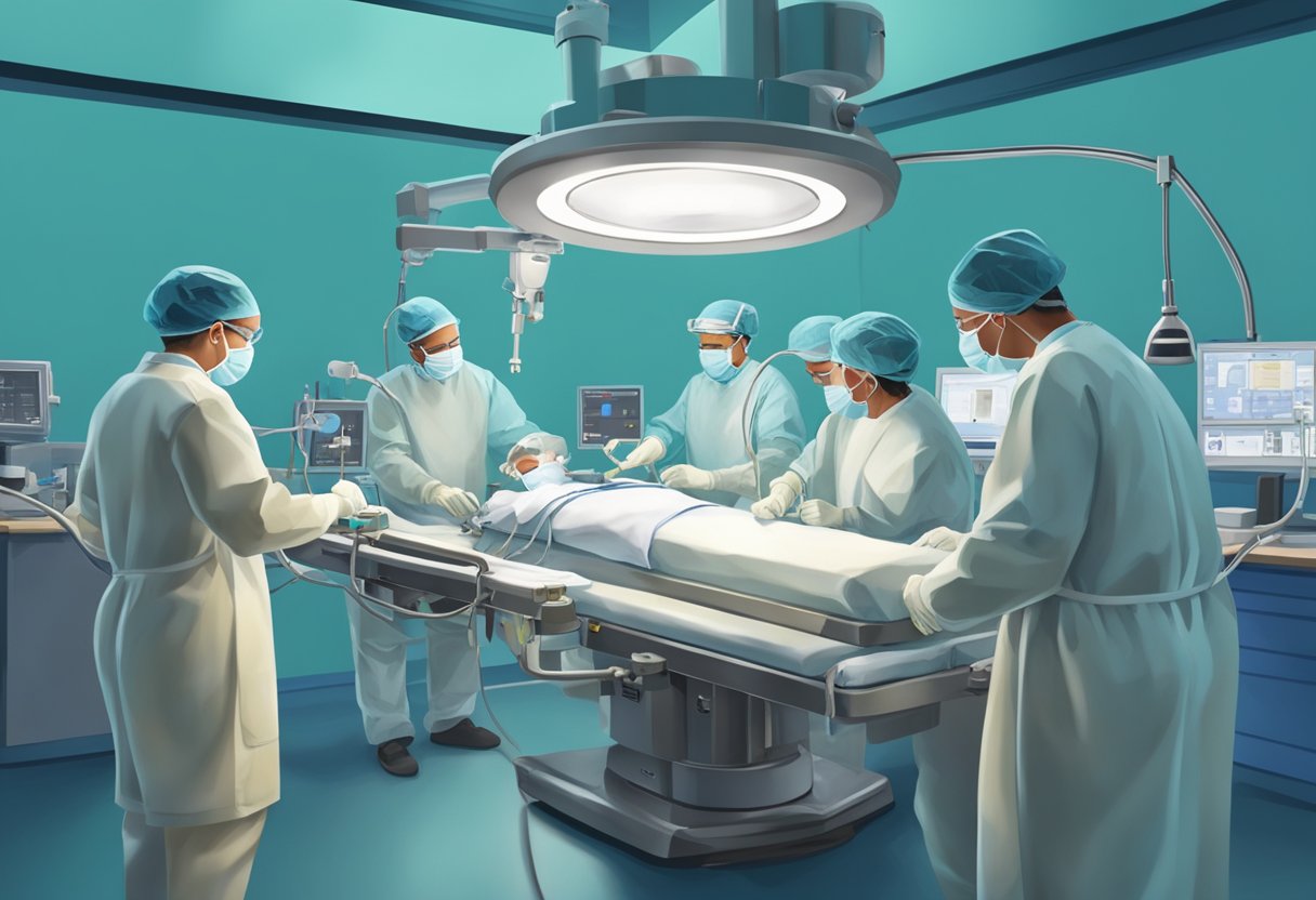 Surgeon performing heart valve blockage surgery in operating room. Instruments laid out, heart monitor beeping, team focused