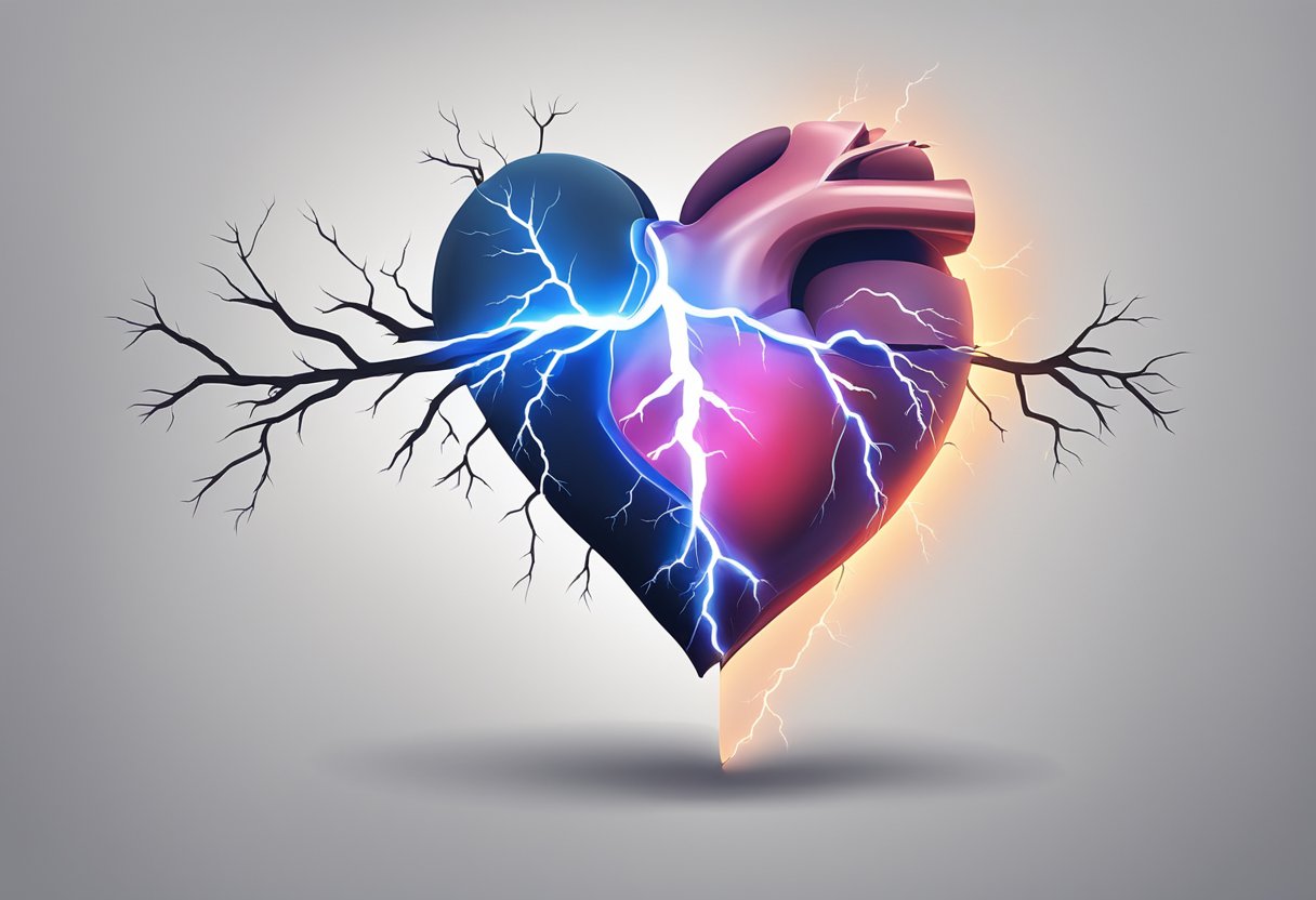 A heart with a crack symbolizing congestive heart failure, and a lightning bolt symbolizing a heart attack