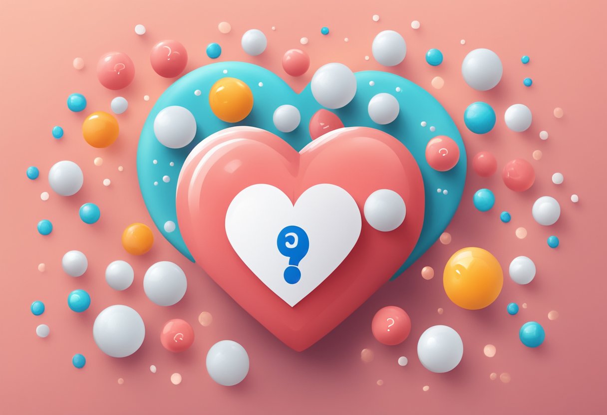 A heart with a question mark and a pill bottle labeled "warfarin" surrounded by floating FAQ bubbles