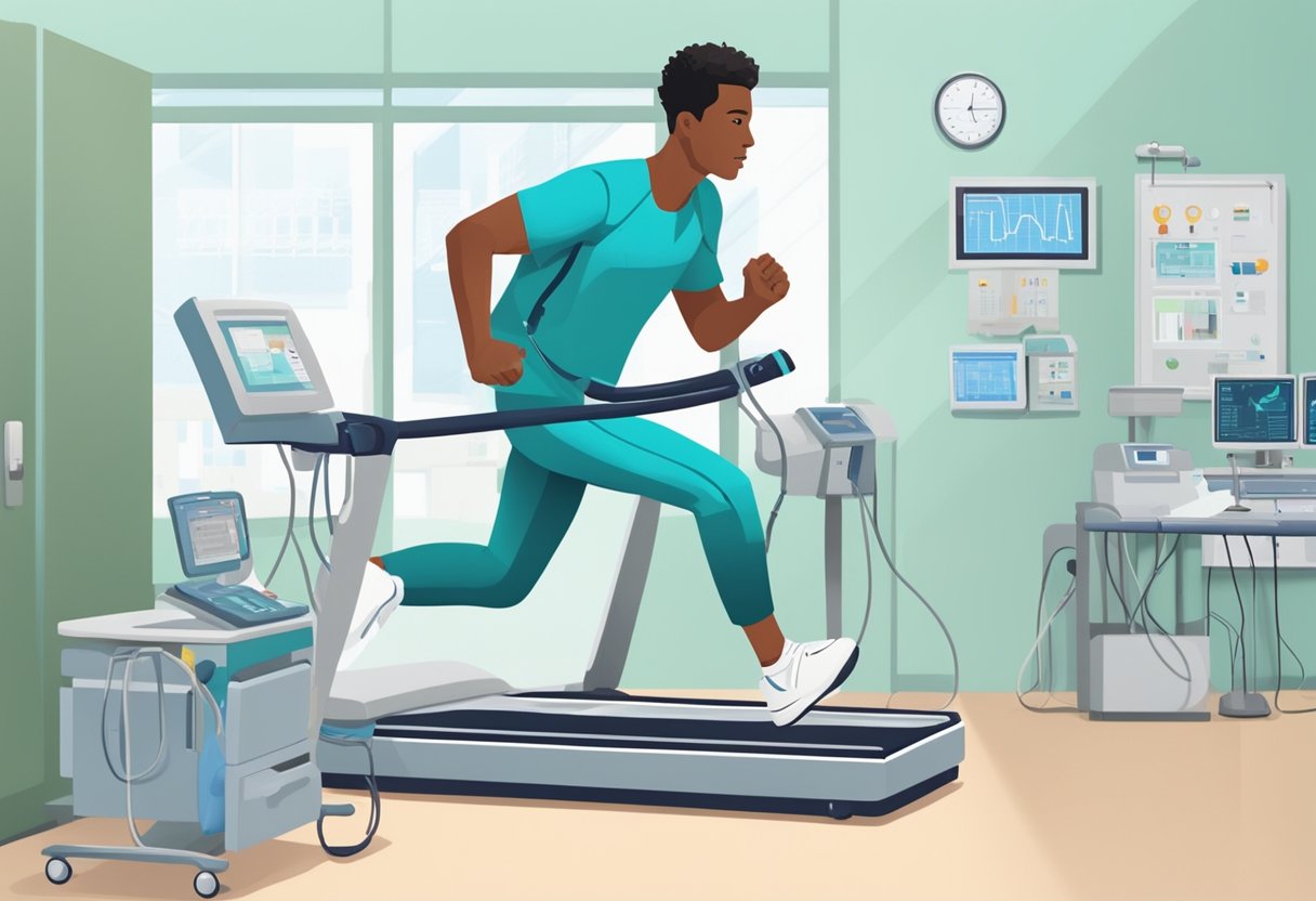 A figure sprinting with determination, surrounded by hospital equipment and monitors, symbolizing resilience after heart surgery