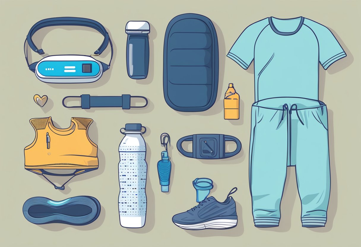 A person sets out running gear: sneakers, water bottle, and heart rate monitor, ready for post-surgery physical activity
