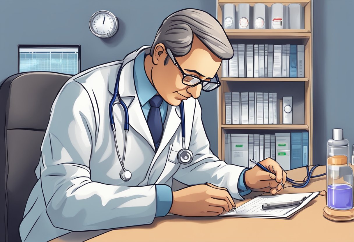 A doctor carefully monitors a patient's vital signs and administers medication to treat congestive heart failure or a heart attack