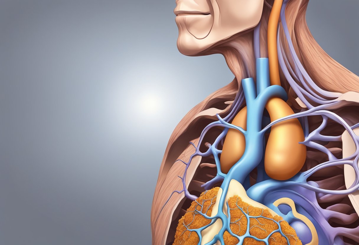The overactive thyroid gland releases excess hormones, leading to increased heart rate and output, causing strain and potential failure of the heart muscle