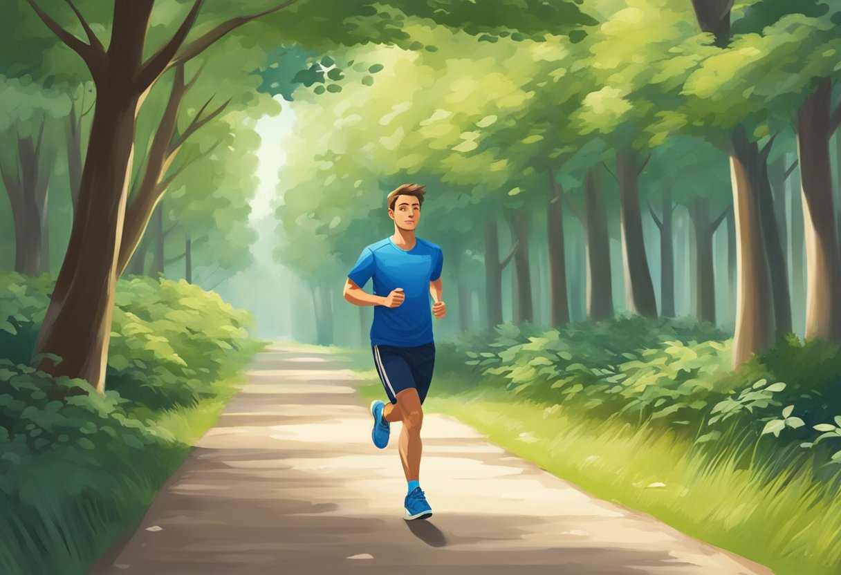 A person runs along a peaceful, tree-lined path, with a determined expression and a steady rhythm, showing resilience and dedication after heart surgery