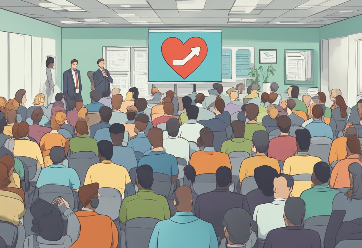 A crowded room with a sign reading "Frequently Asked Questions: Congestive Heart Failure vs Heart Attack" displayed prominently
