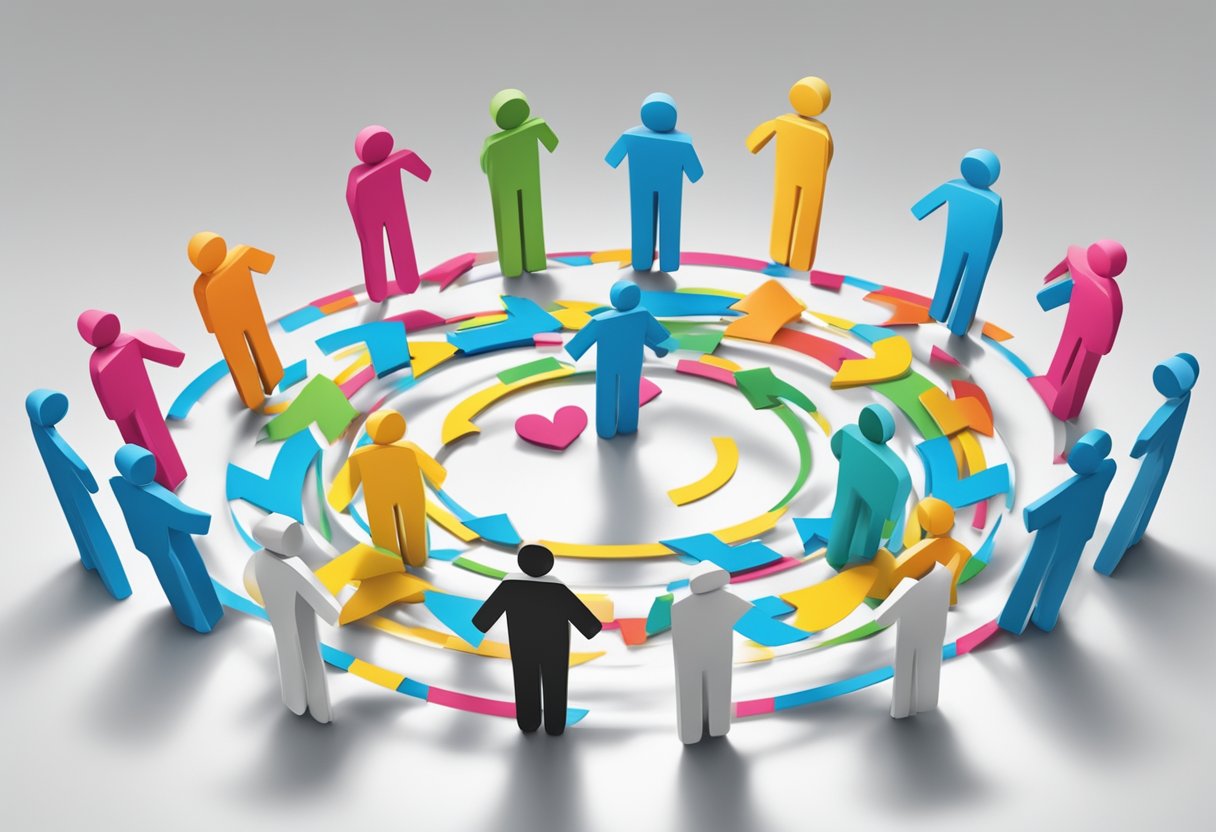 A group of questions chasing each other in a circular motion, symbolizing the repetitive nature of frequently asked questions after heart surgery