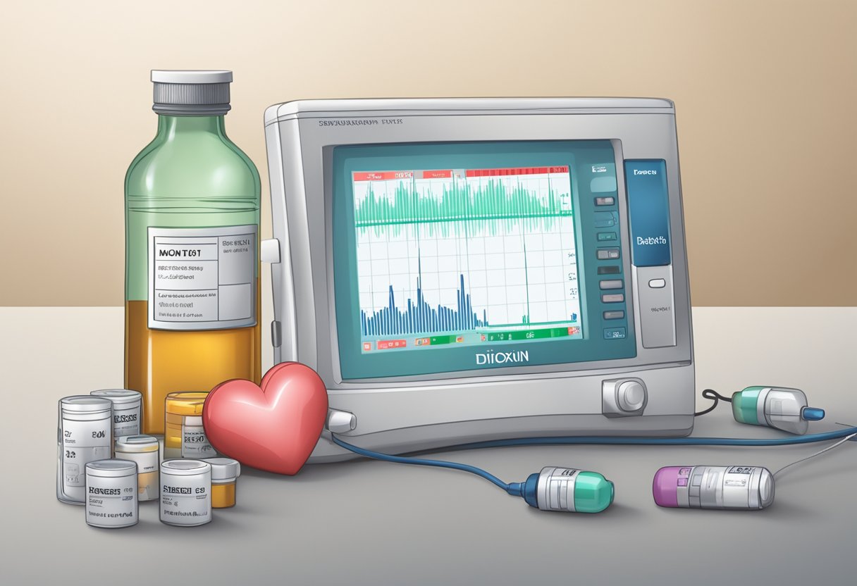 A heart monitor displays a spike in heart rate alongside a bottle of digoxin medication