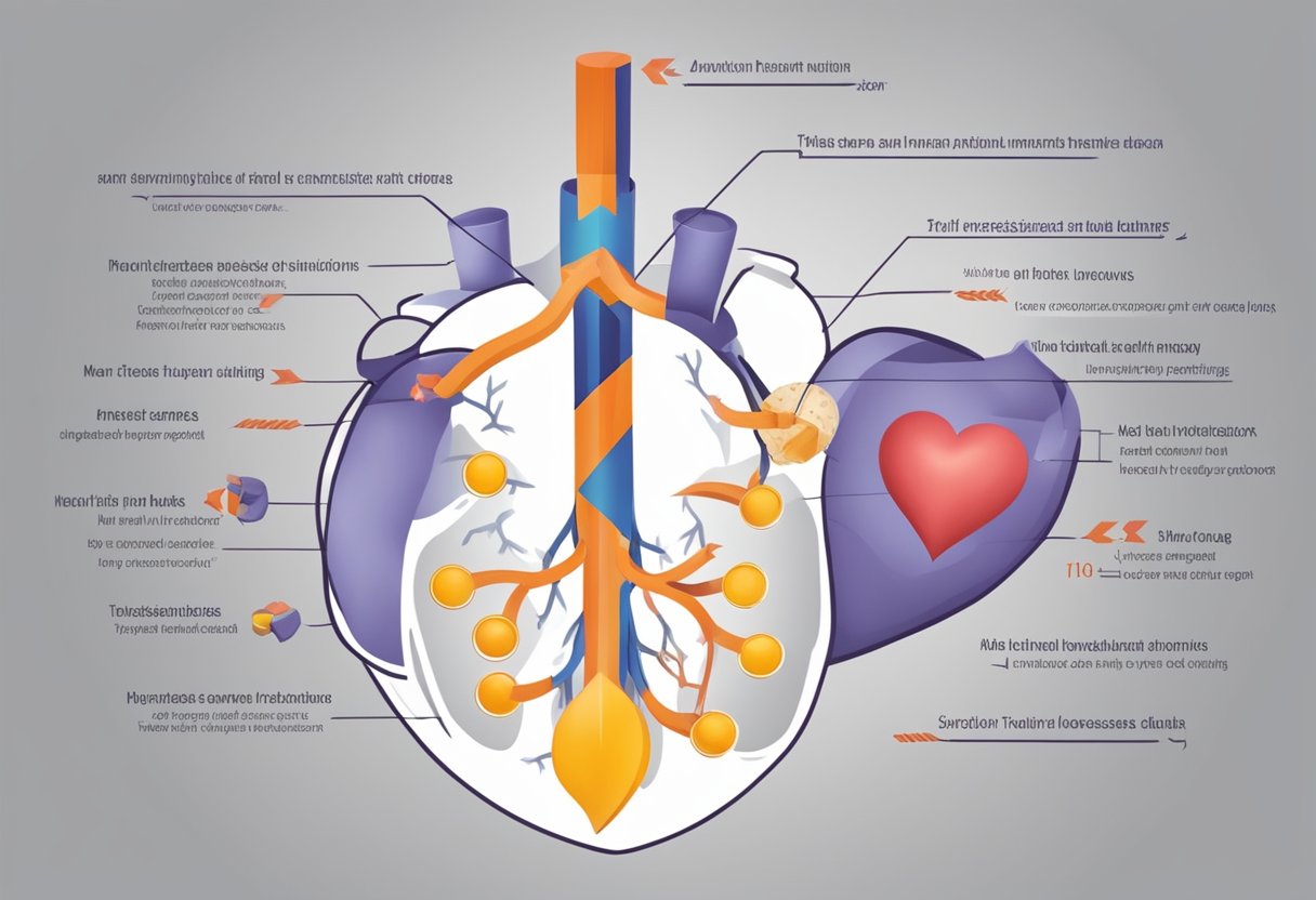 Thyrotoxicosis leads to heart failure. Show a heart with arrows depicting increased thyroid hormone levels causing cardiac dysfunction