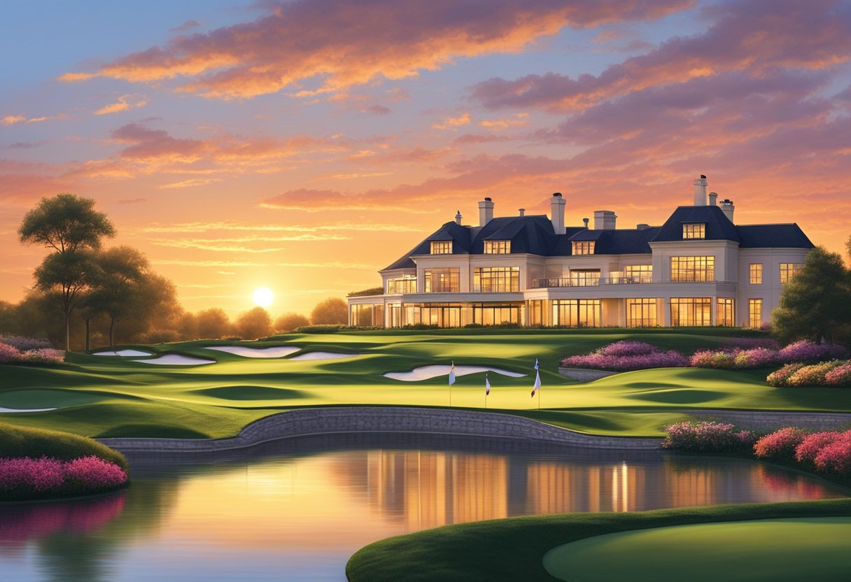 The sun sets behind Le Golf National, casting a warm glow over the manicured fairways and pristine water features. The iconic clubhouse stands proudly against the colorful sky