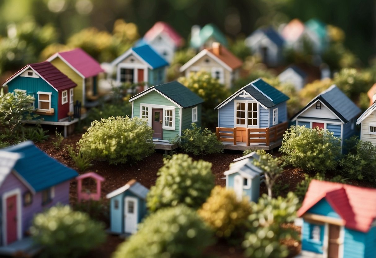 A cluster of colorful tiny homes nestled among lush greenery in a community in Wilmington, NC