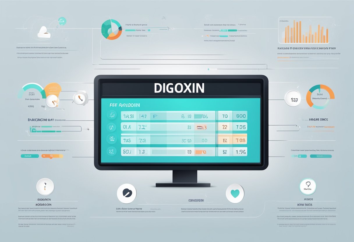 A digital screen shows a list of FAQs about digoxin and heart rate. The words are clear and easy to read, with a simple and clean design