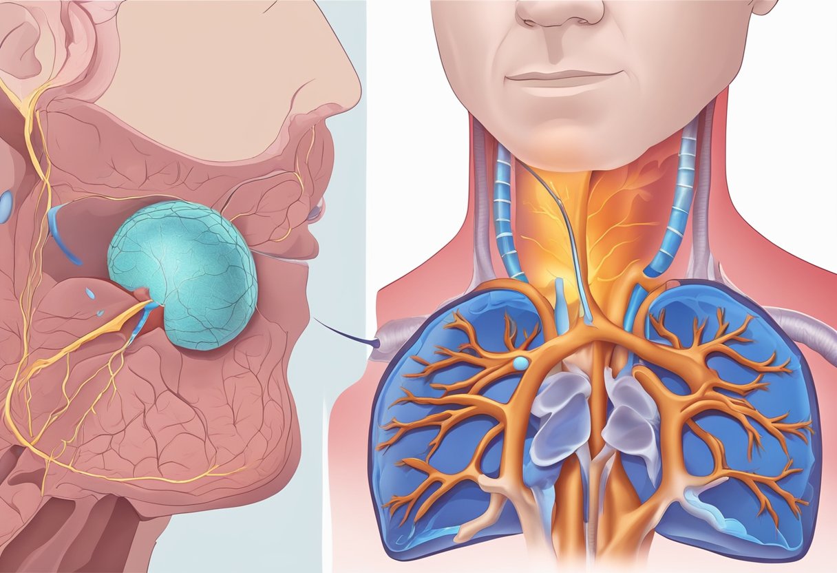 Thyrotoxicosis leads to heart failure. Show a thyroid gland emitting excess hormones, causing strain on a heart symbol
