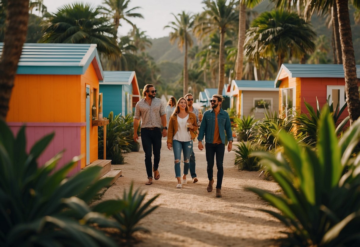 People walk through colorful tiny homes in a lush community near the coast. Palm trees sway in the breeze as residents gather in communal spaces