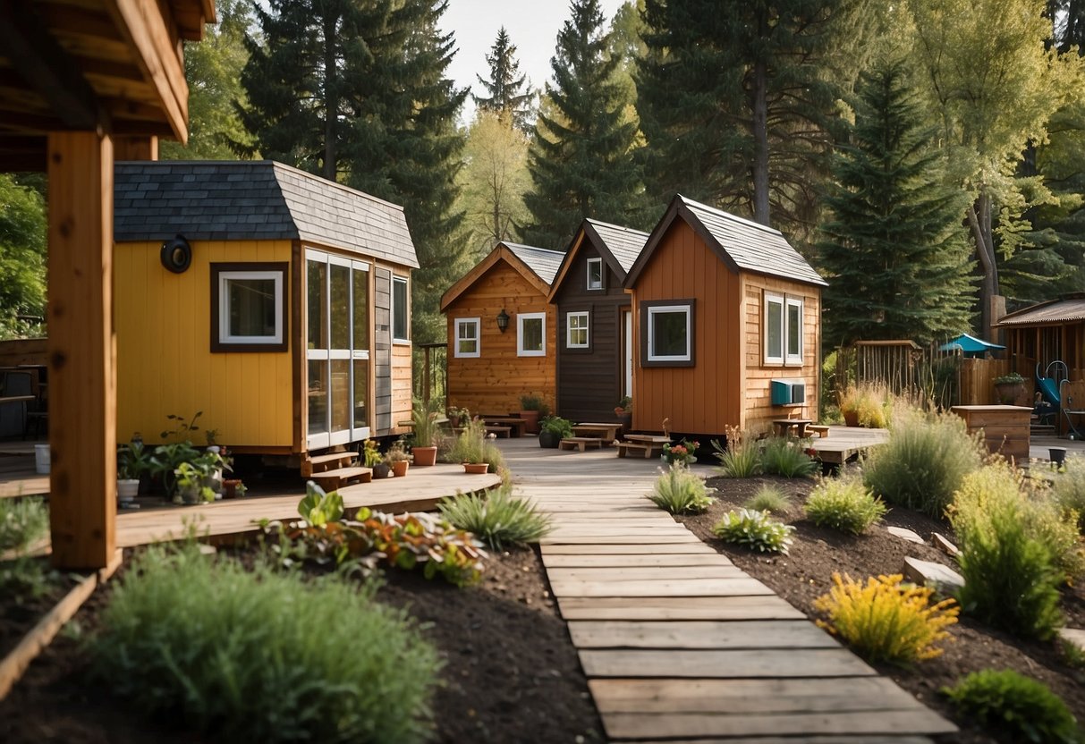 Tiny homes nestled among trees, with communal areas for residents. Support and resources available, such as community gardens and shared facilities