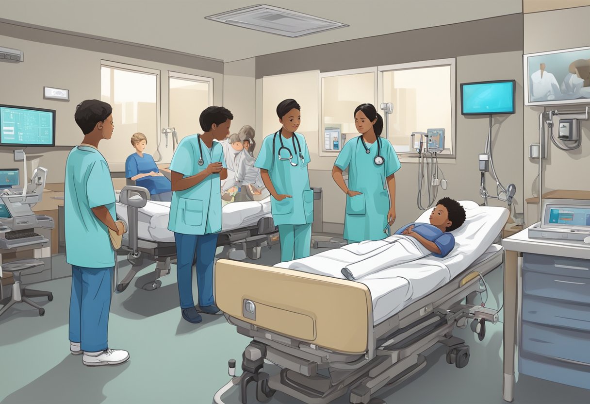 A child with hypoplastic left heart syndrome plays in a hospital room, surrounded by medical equipment. Doctors and parents look on with concern