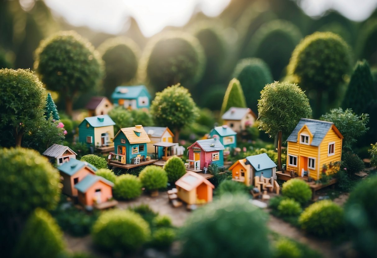 A cluster of colorful tiny homes nestled among lush green trees, with a central communal area and people engaged in various activities