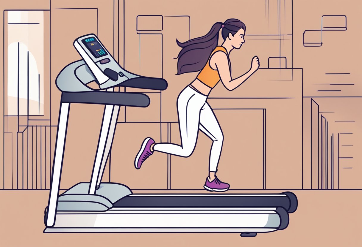 A person running on a treadmill, heart rate monitor displaying high beats per minute