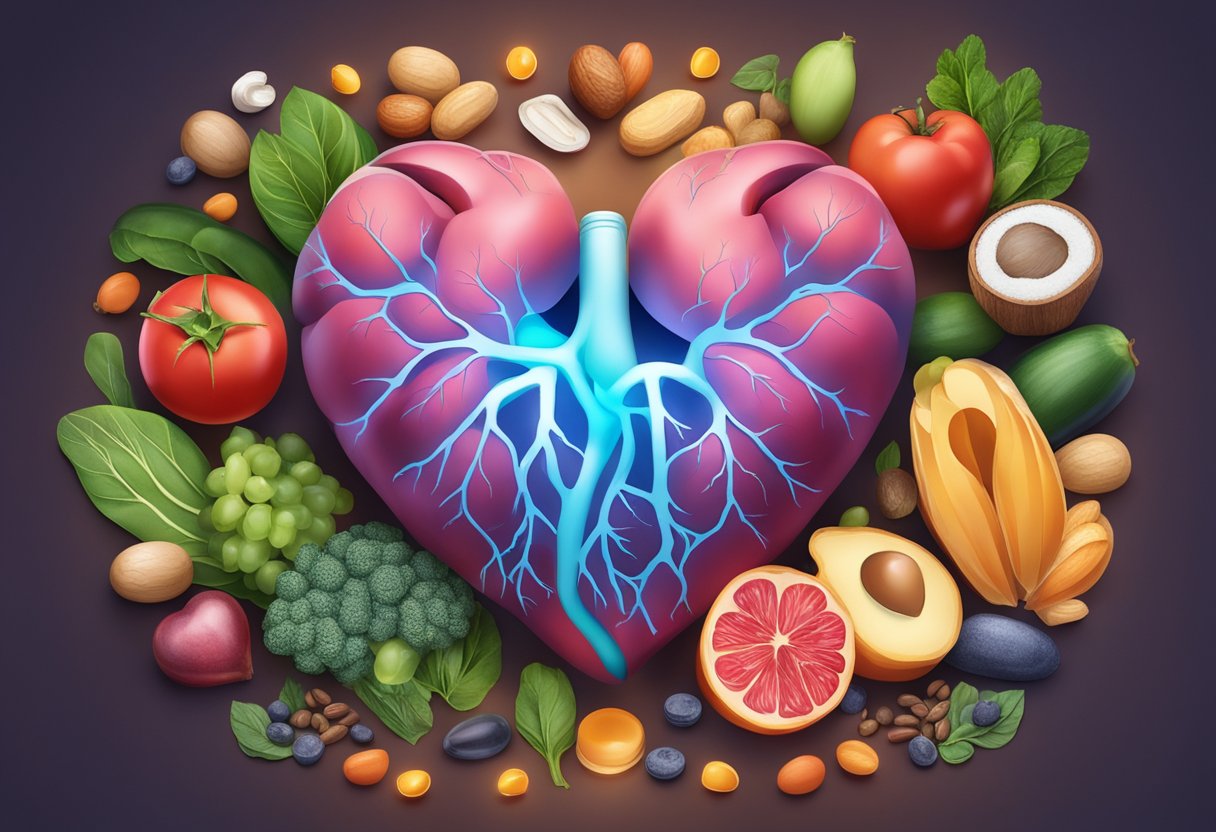 A glowing heart surrounded by magnesium-rich foods and supplements